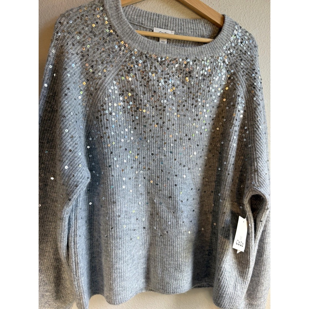 NWT CeCe Women's L Gray Knit Pullover Sweater Sequin Crew Neck Raglan Long Sleev